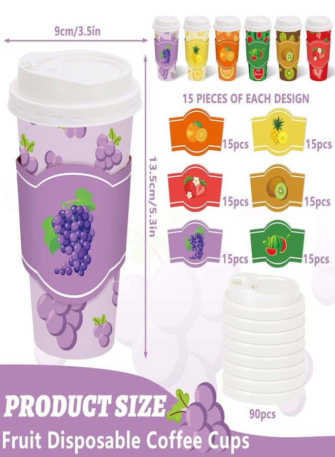 JarThenaAMCS 90 Set Fruit Disposable Coffee Cups with Lids and Sleeves Strawberry Watermelon Orange Pineapple Grape Kiwi Paper Drinking Cups for?Fruit Party Supplies - Image 2